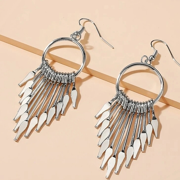 Silver Arrow Tassel Dangle Earrings - Picture 1 of 3